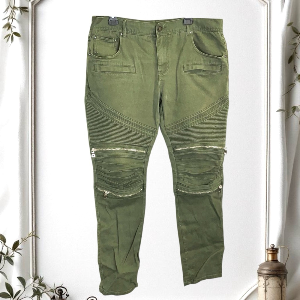 8IGHTH DSTRKT Olive Green Vintage Jeans w Leg Zippers/Accordion Layers Men 38x34